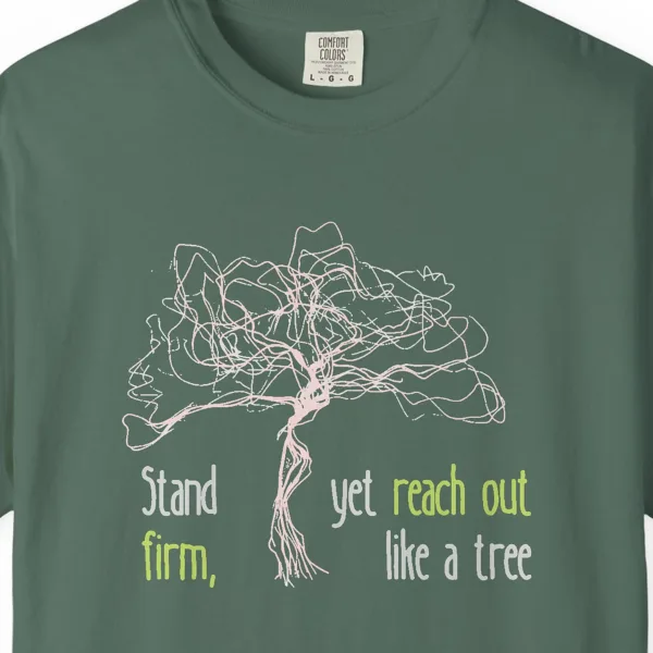 stand-firm-reach-out-tee-blue-spruce-chest Close-up of the Stand Firm Reach Out print on a Blue Spruce Comfort Colors 1717 tee