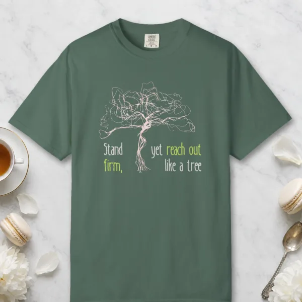 stand-firm-reach-out-tee-blue-spruce-front Stand Firm Reach Out design on a Blue Spruce Comfort Colors 1717 tee, laid flat
