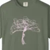 tangled-crown-tree-tee-moss-chest Close-up of the Tangled Crown Tree print on a Moss Comfort Colors 1717 tee