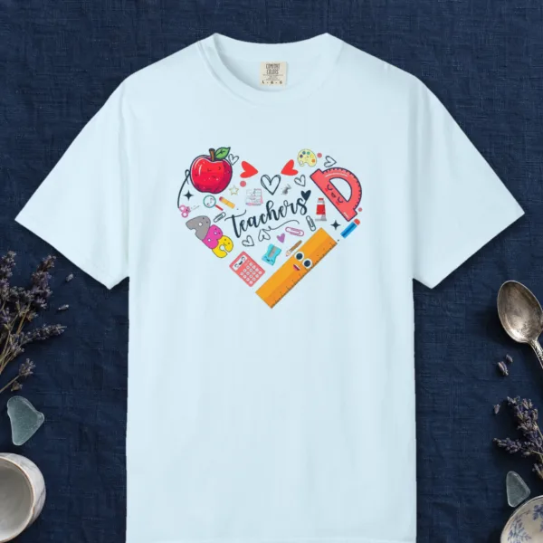 Teachers Heart design on a Chambray Comfort Colors 1717 tee, laid flat