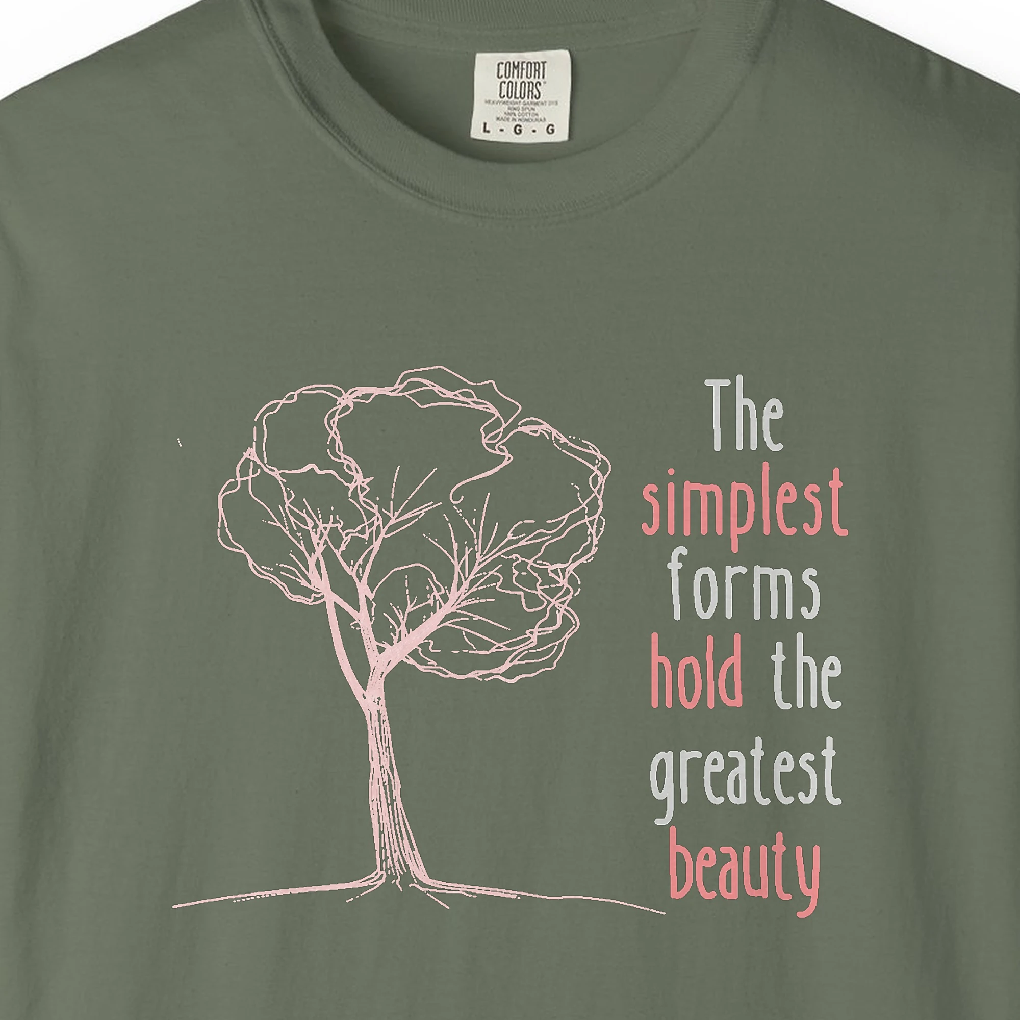 Close-up of the The Simplest Forms print on a Moss Comfort Colors 1717 tee