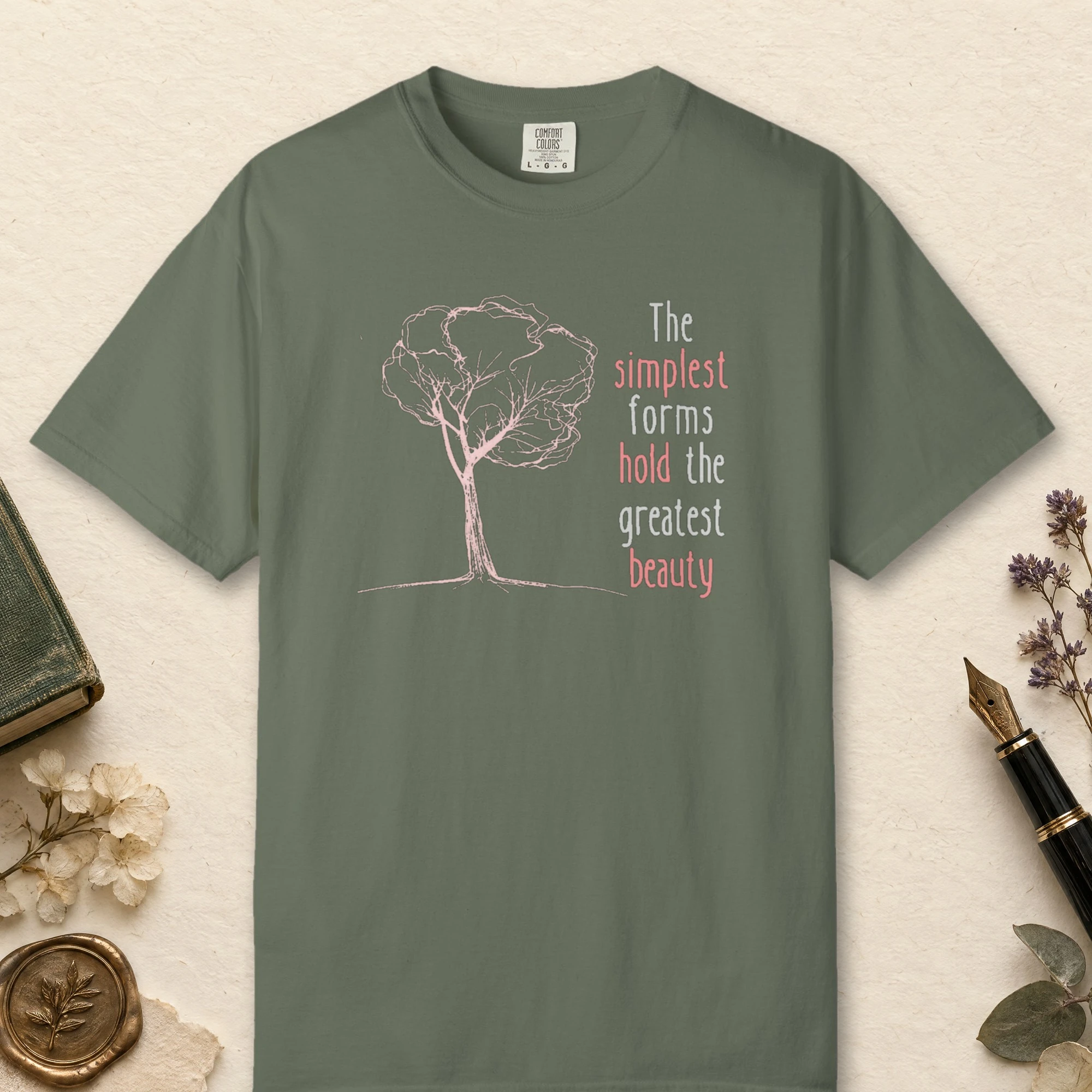The Simplest Forms design on a Moss Comfort Colors 1717 tee, laid flat