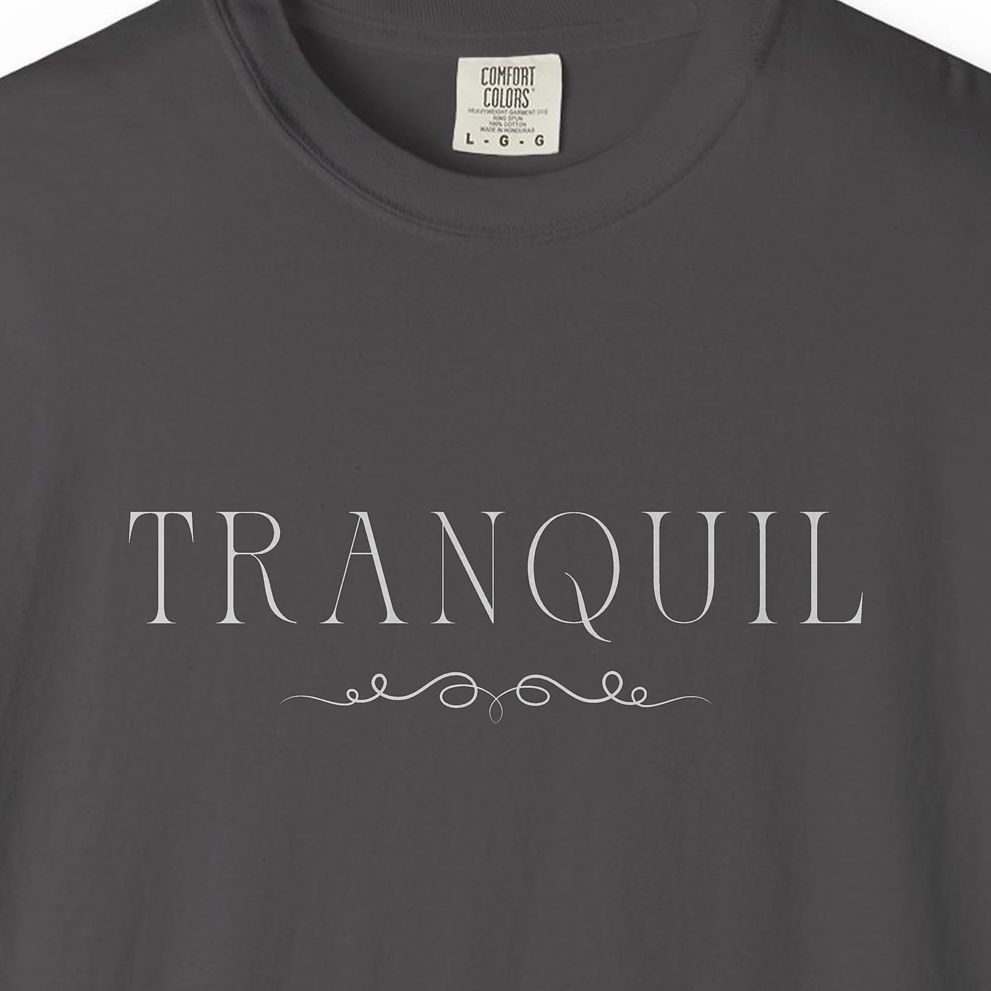 Close-up of the Tranquil Vine print on a Graphite Comfort Colors 1717 tee