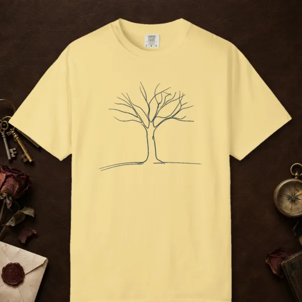 Tree on a Quiet Hill design on a Butter Comfort Colors 1717 tee, laid flat