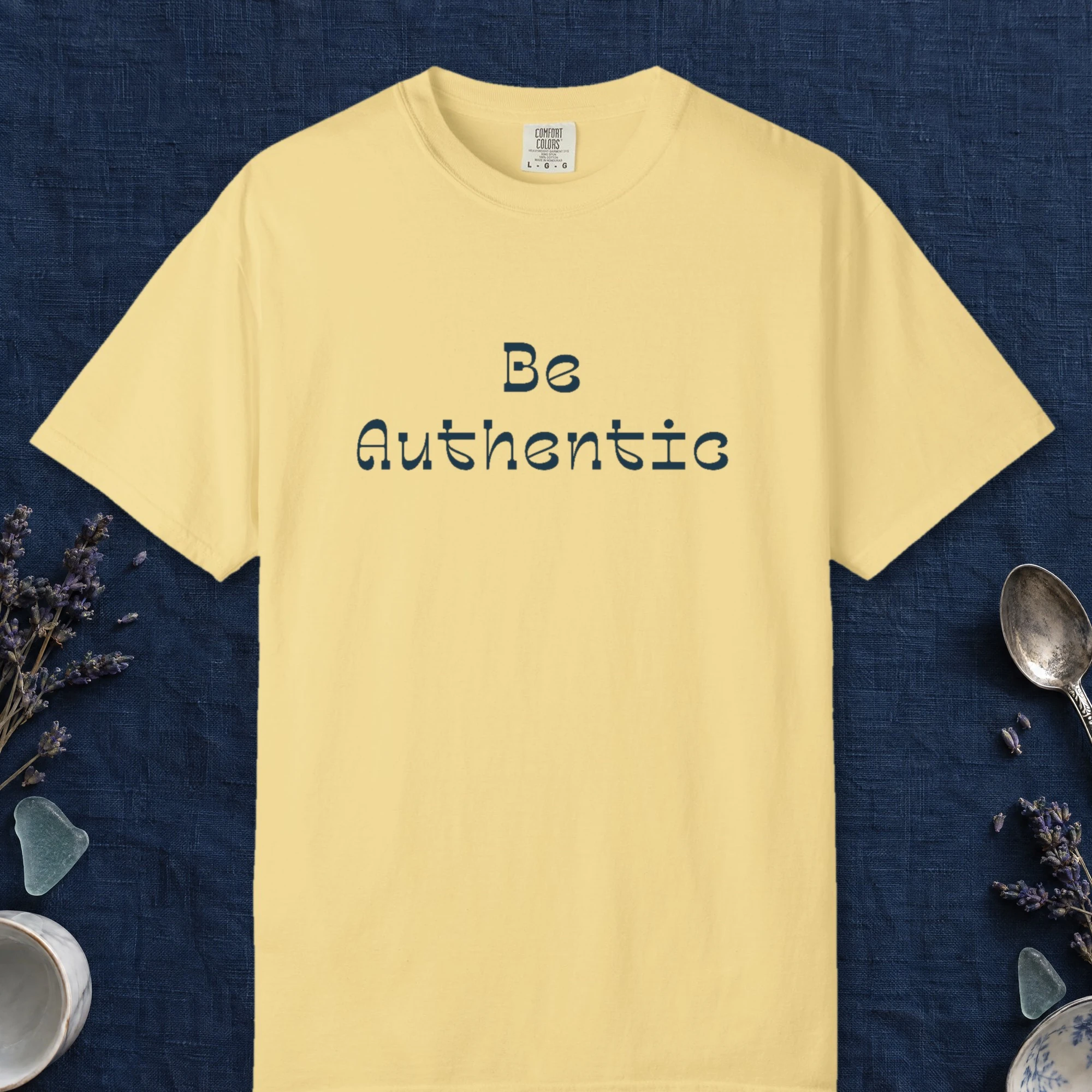 True to Yourself design on a Butter Comfort Colors 1717 tee, laid flat
