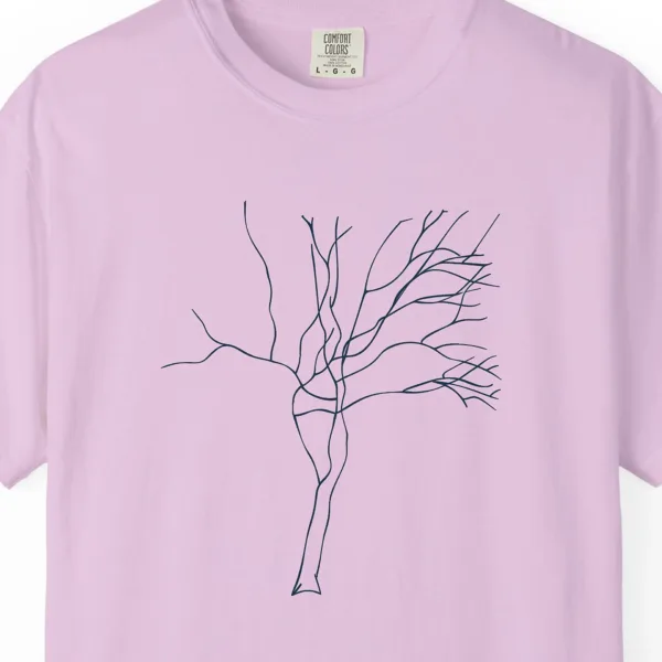twisting-trunk-tee-orchid-chest Close-up of the Twisting Trunk print on a Orchid Comfort Colors 1717 tee