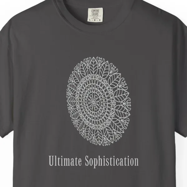ultimate-sophistication-lace-tee-graphite-chest Close-up of the Ultimate Sophistication Lace print on a Graphite Comfort Colors 1717 tee