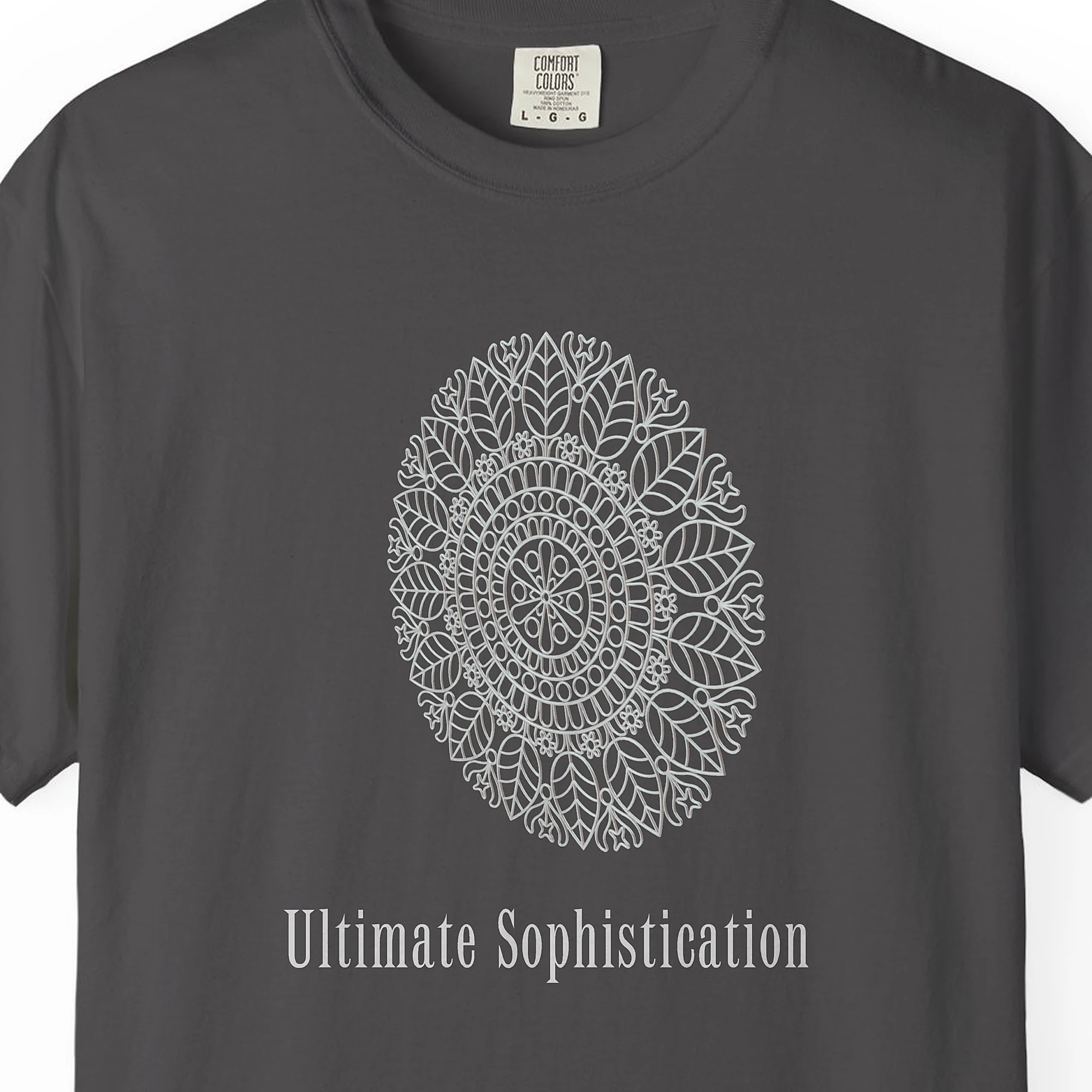 Close-up of the Ultimate Sophistication Lace print on a Graphite Comfort Colors 1717 tee