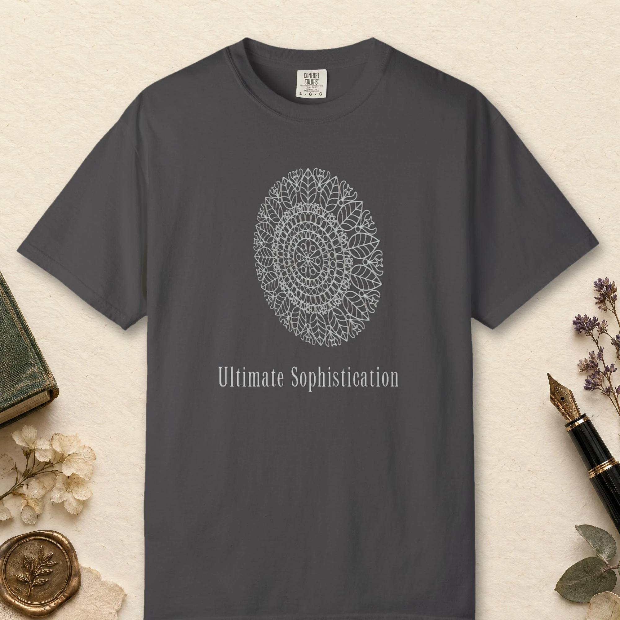 Ultimate Sophistication Lace design on a Graphite Comfort Colors 1717 tee, laid flat