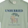 Close-up of the Unhurried Sunday print on a Bay Comfort Colors 1717 tee