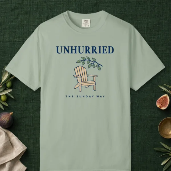 Unhurried Sunday design on a Bay Comfort Colors 1717 tee, laid flat