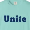 unite-tee-chalky-mint-chest Close-up of the Unite print on a Chalky Mint Comfort Colors 1717 tee