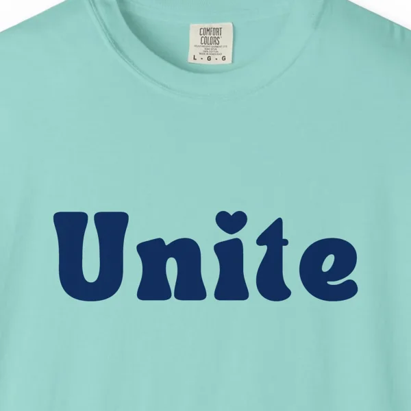 unite-tee-chalky-mint-chest Close-up of the Unite print on a Chalky Mint Comfort Colors 1717 tee