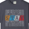 varsity-strength-tee-navy-chest Close-up of the Varsity Strength print on a Navy Comfort Colors 1717 tee