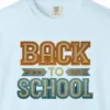 vintage-back-to-school-tee-chambray-chest Close-up of the Vintage Back to School print on a Chambray Comfort Colors 1717 tee