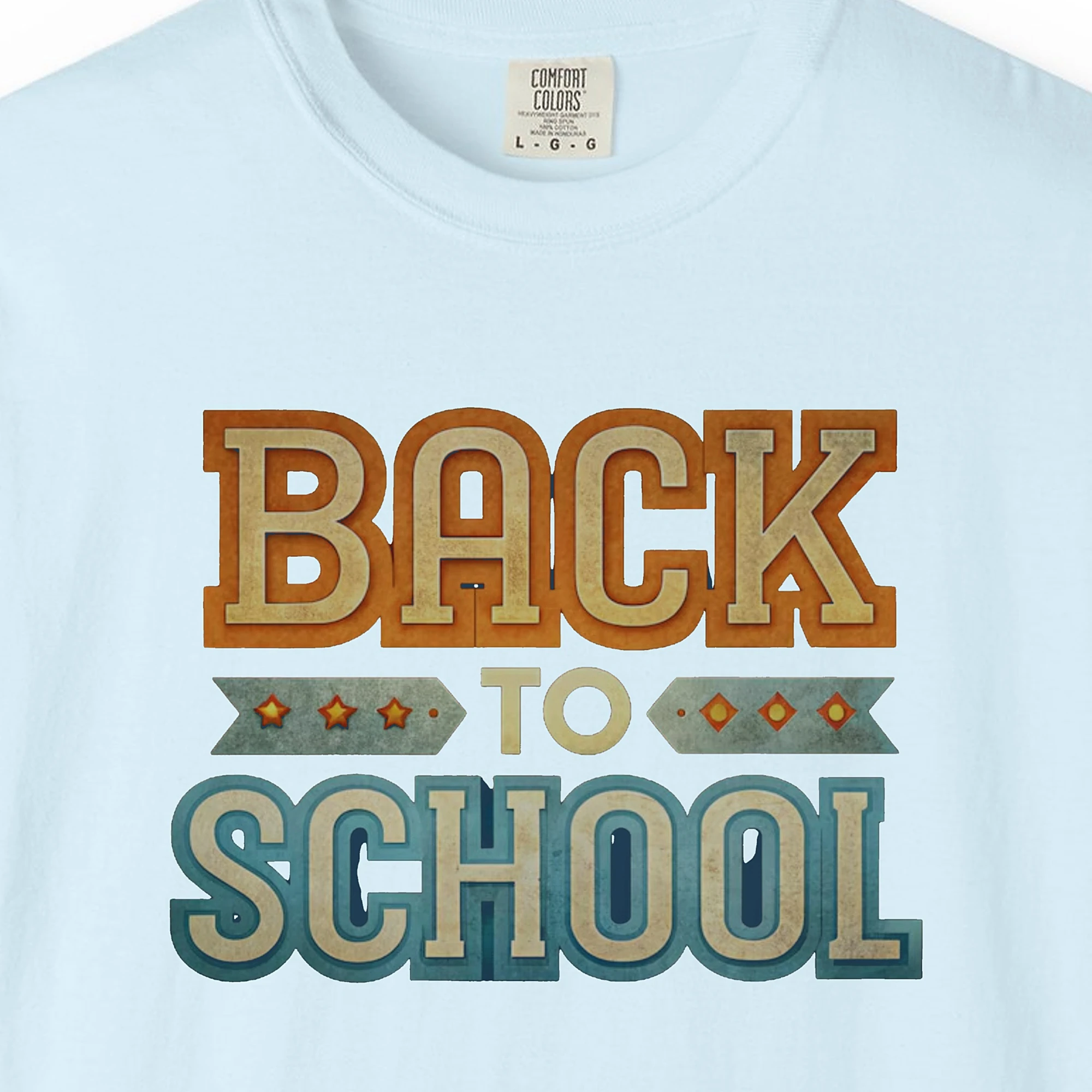 Close-up of the Vintage Back to School print on a Chambray Comfort Colors 1717 tee