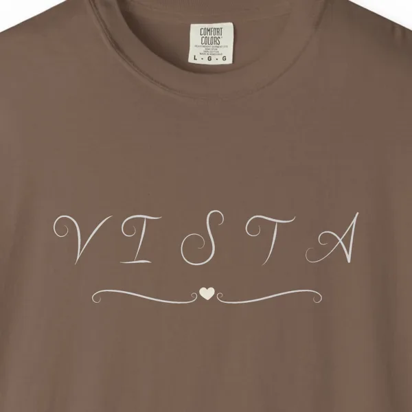 vista-swirl-heart-tee-espresso-chest Close-up of the Vista Swirl Heart print on a Espresso Comfort Colors 1717 tee