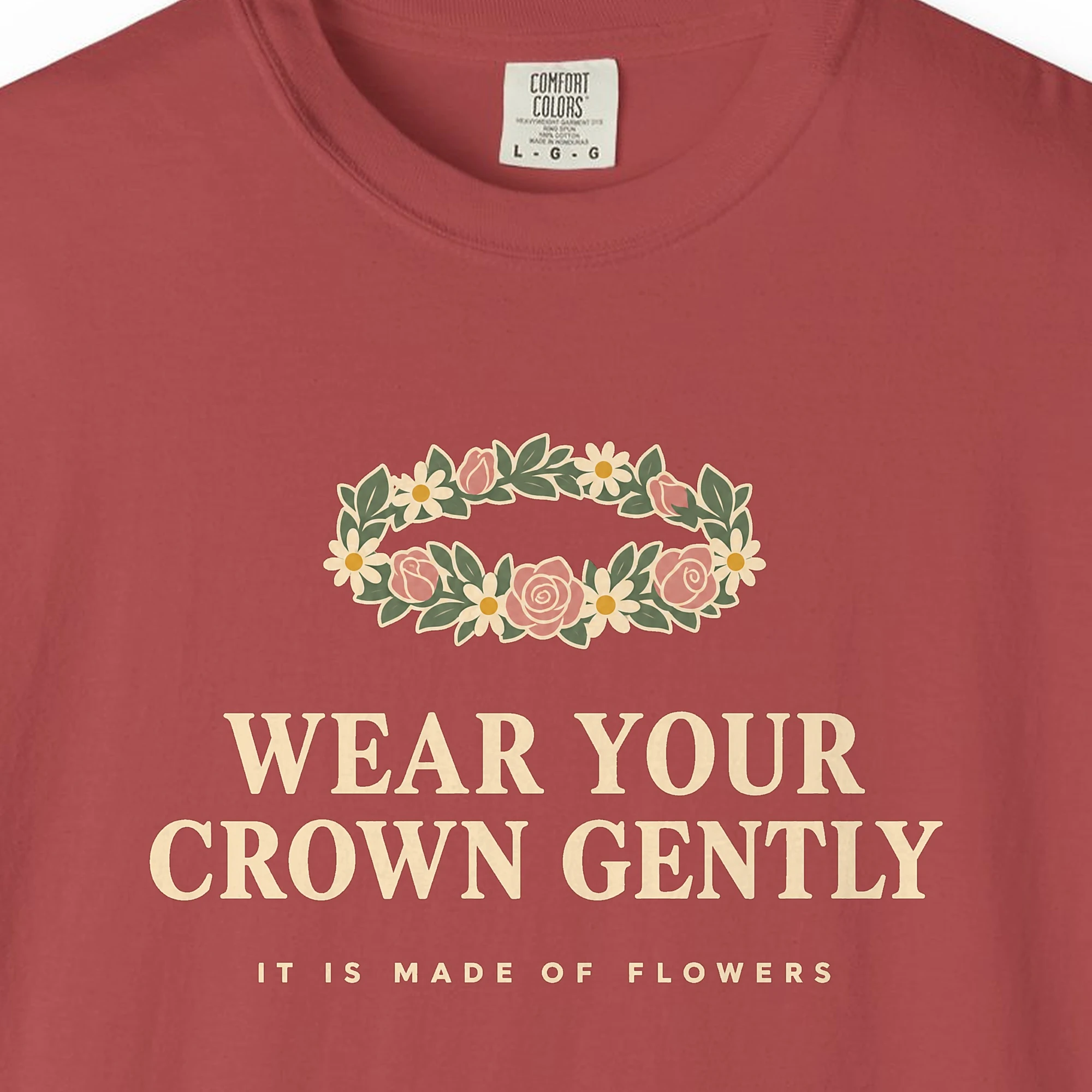 wear-your-crown-gently-tee-crimson-chest Close-up of the Wear Your Crown Gently print on a Crimson Comfort Colors 1717 tee