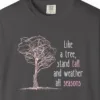 weather-all-seasons-tee-graphite-chest Close-up of the Weather All Seasons print on a Graphite Comfort Colors 1717 tee