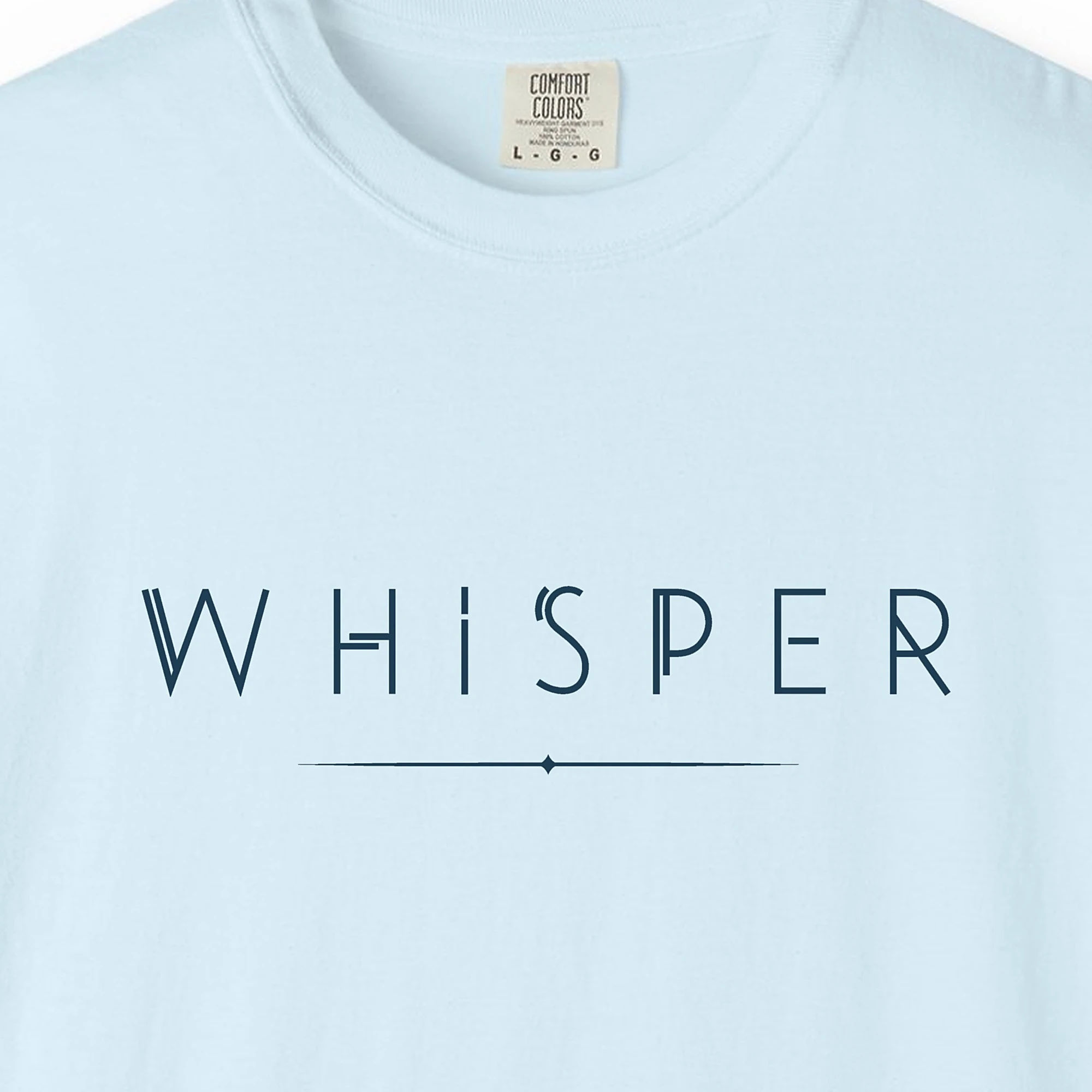 Close-up of the Whisper Soft Line print on a Chambray Comfort Colors 1717 tee