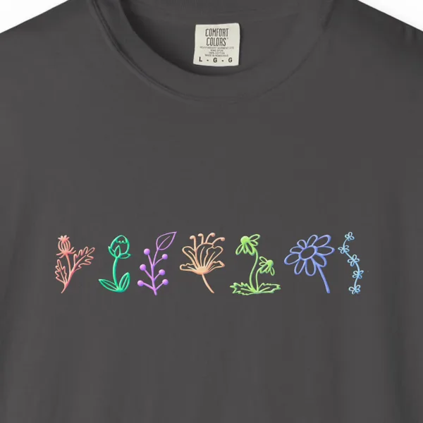 wildflower-row-tee-graphite-chest Close-up of the Wildflower Row print on a Graphite Comfort Colors 1717 tee