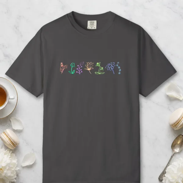 wildflower-row-tee-graphite-front Wildflower Row design on a Graphite Comfort Colors 1717 tee, laid flat