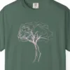 Close-up of the Windswept Tree print on a Blue Spruce Comfort Colors 1717 tee