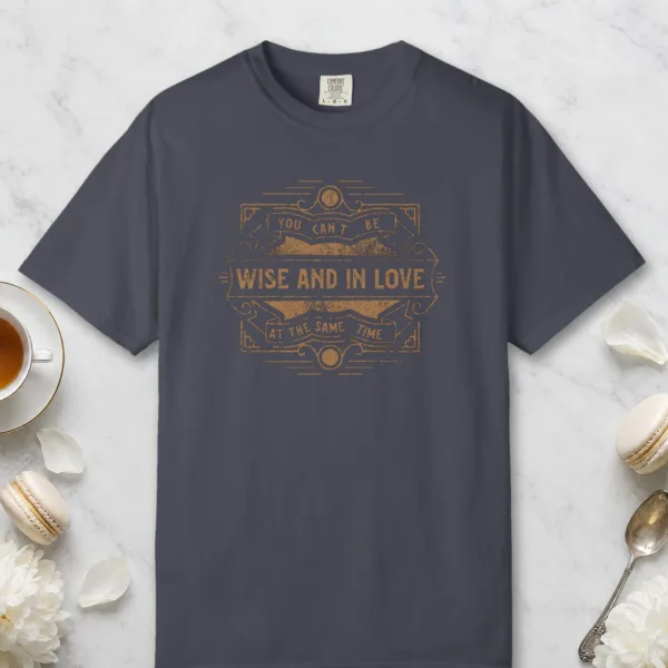 Wise and in Love design on a Navy Comfort Colors 1717 tee, laid flat