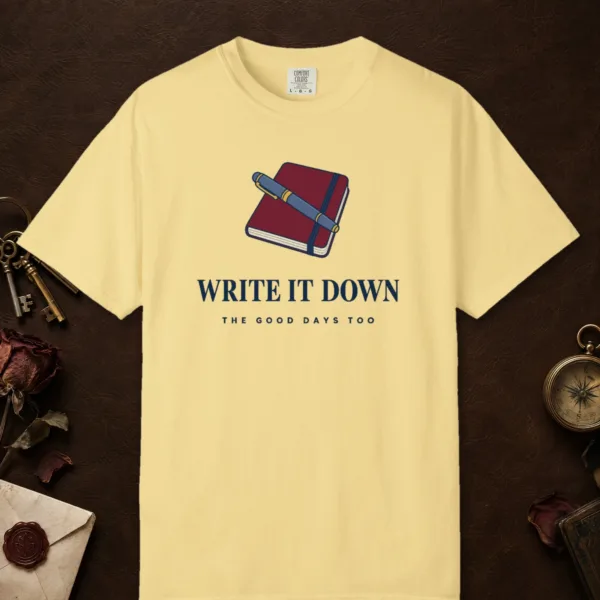 write-it-down-tee-butter-front Write It Down design on a Butter Comfort Colors 1717 tee, laid flat