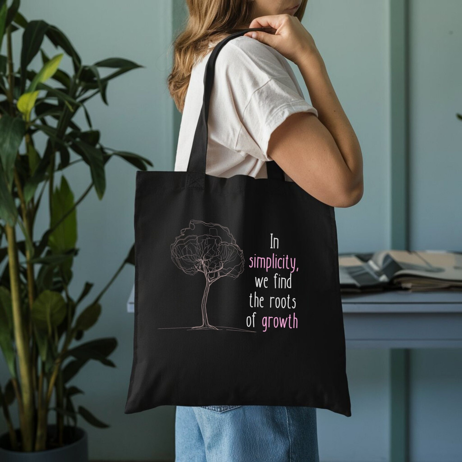 In Simplicity We Find the Roots of Growth Tote Bag Minimalist Inspirational Quote Bag