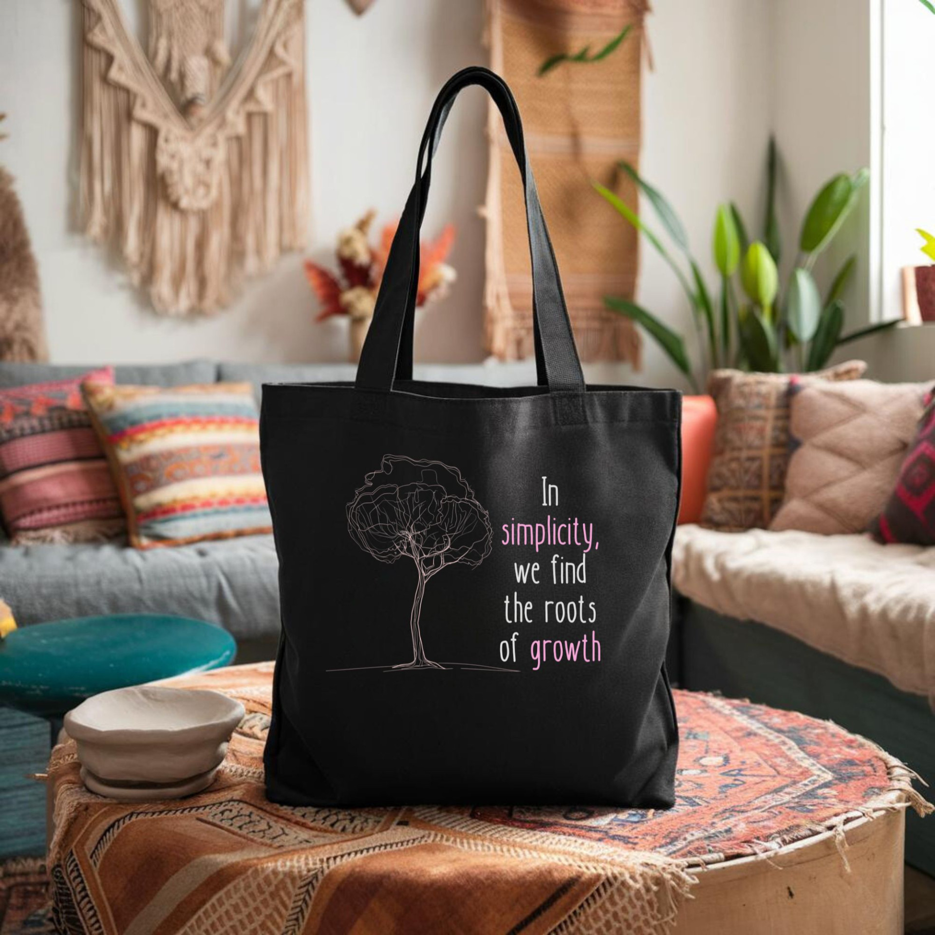 In Simplicity We Find the Roots of Growth Tote Bag Minimalist Inspirational Quote Bag - Image 2