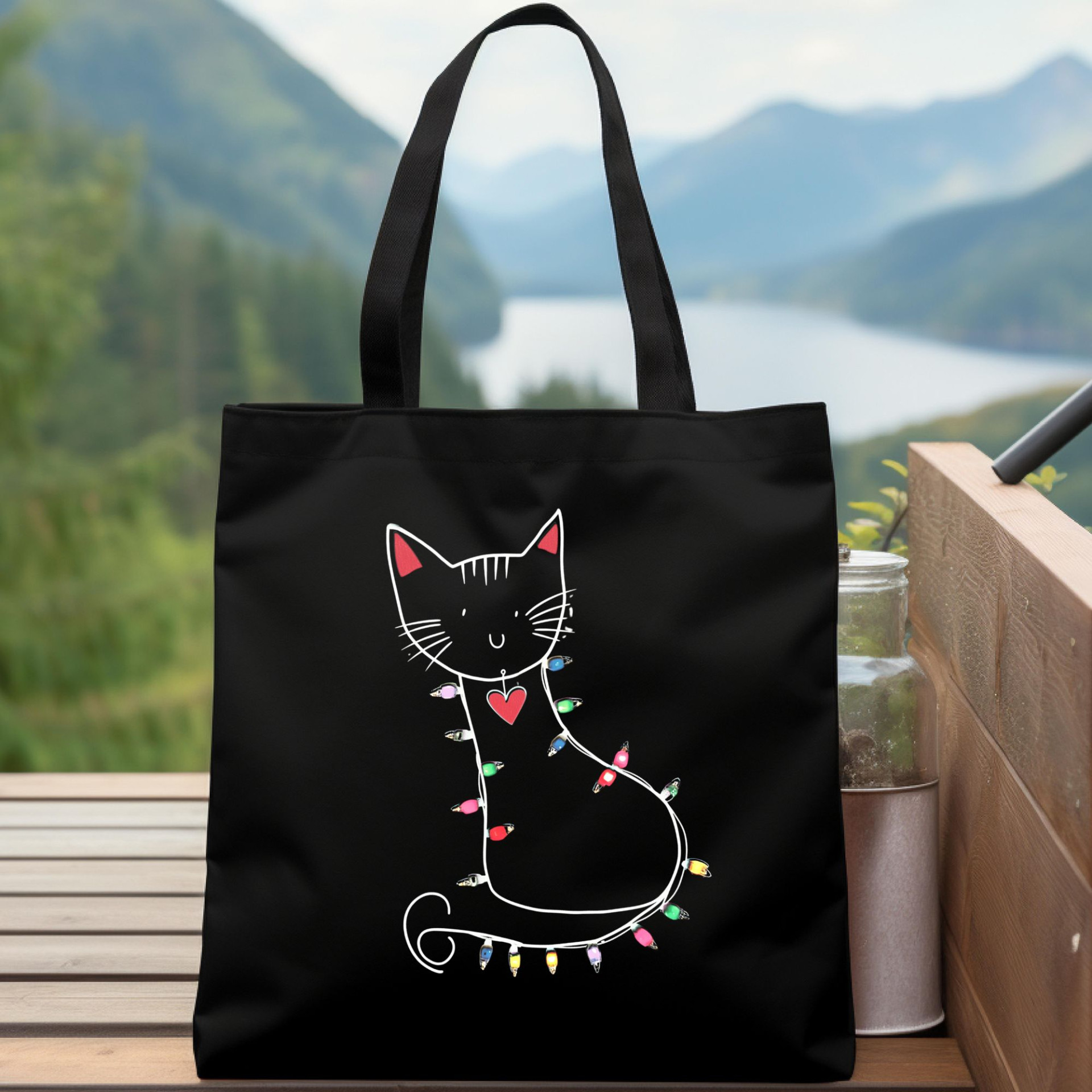 Festive Cat Black Tote Bag Cute Cat with Christmas Lights Reusable Cat Lover Gift Bag - Image 13