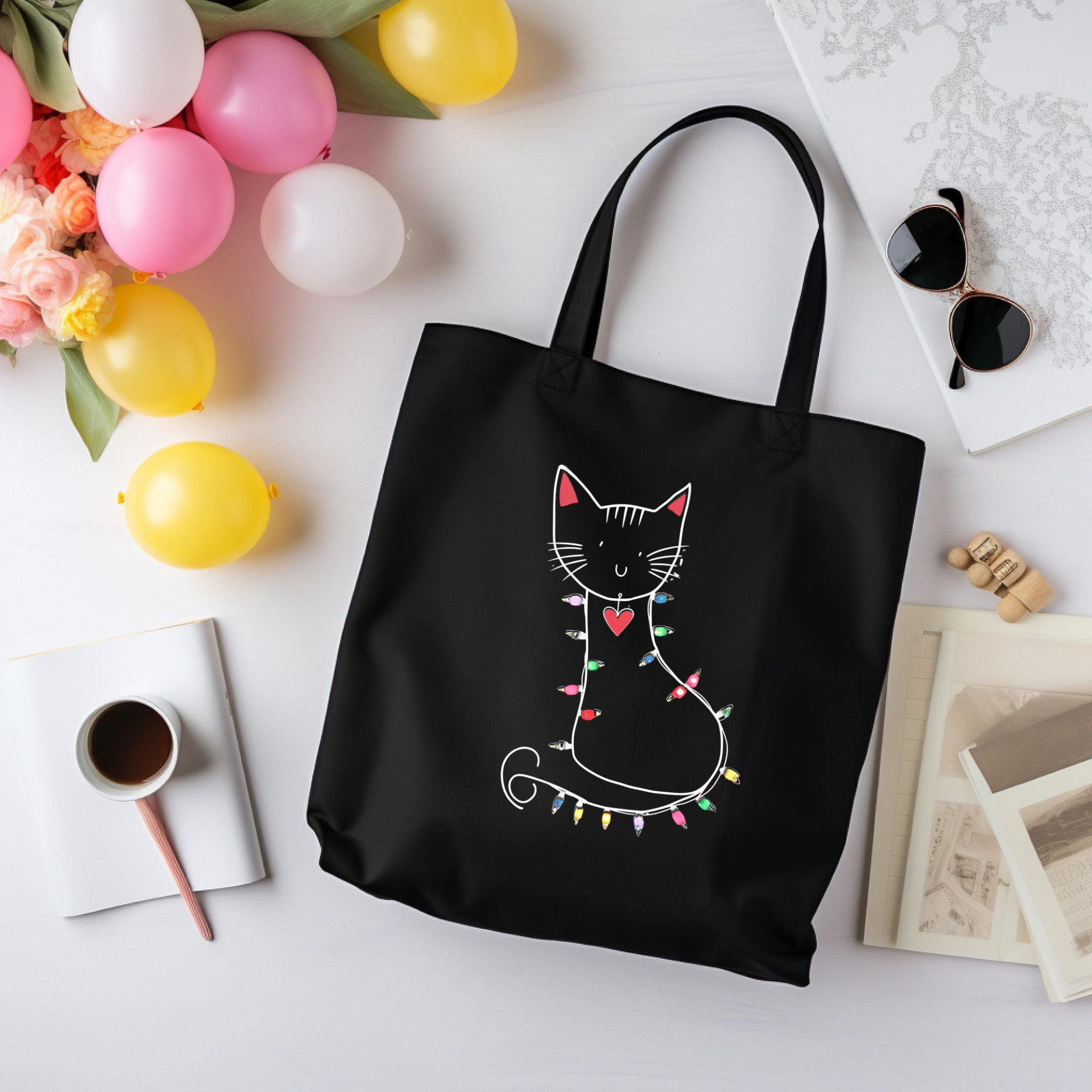 Festive Cat Black Tote Bag Cute Cat with Christmas Lights Reusable Cat Lover Gift Bag - Image 12
