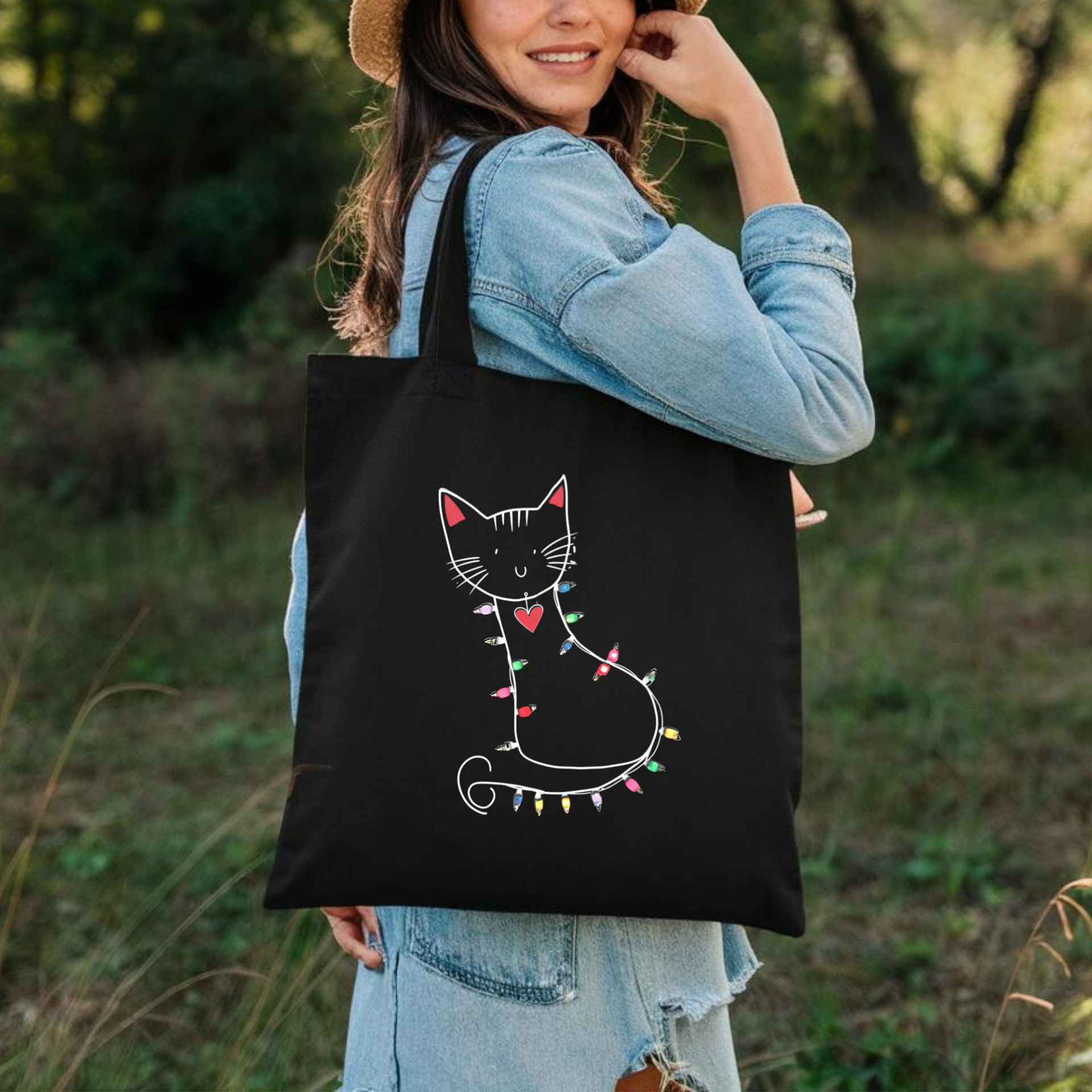 Festive Cat Black Tote Bag Cute Cat with Christmas Lights Reusable Cat Lover Gift Bag - Image 11