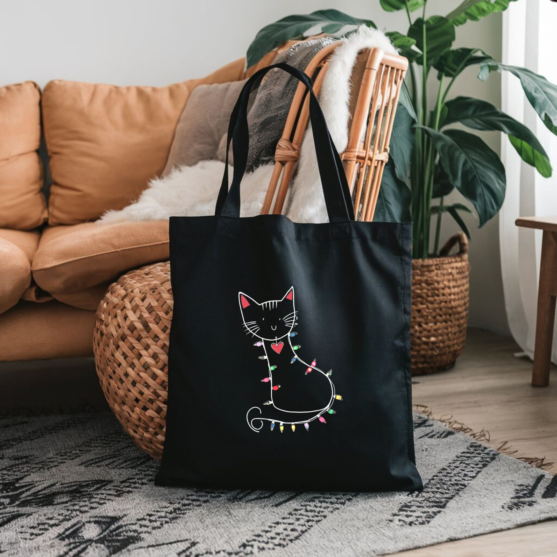 Festive Cat Black Tote Bag Cute Cat with Christmas Lights Reusable Cat Lover Gift Bag - Image 10