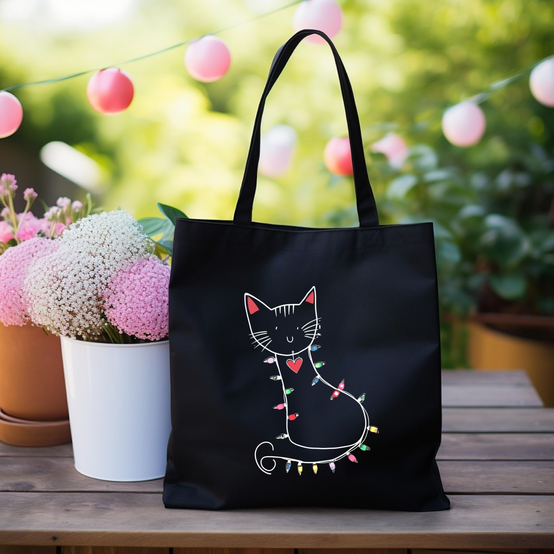 Festive Cat Black Tote Bag Cute Cat with Christmas Lights Reusable Cat Lover Gift Bag