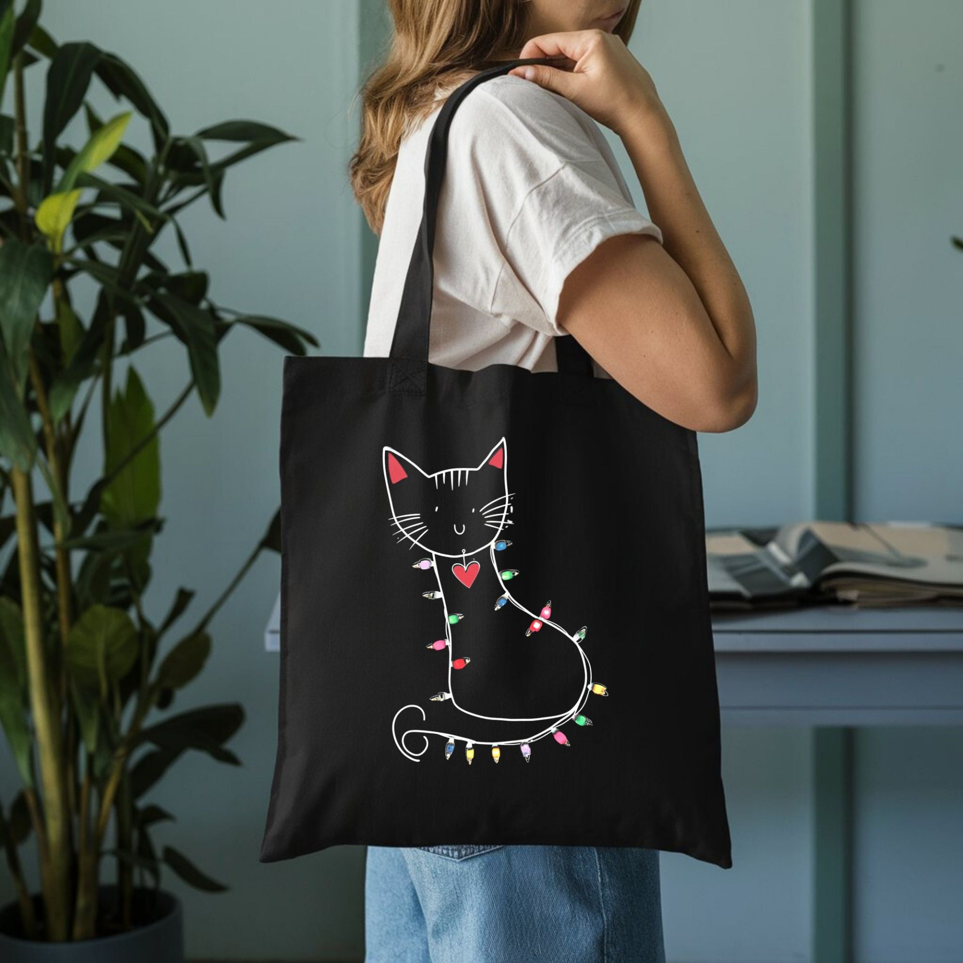 Festive Cat Black Tote Bag Cute Cat with Christmas Lights Reusable Cat Lover Gift Bag - Image 8