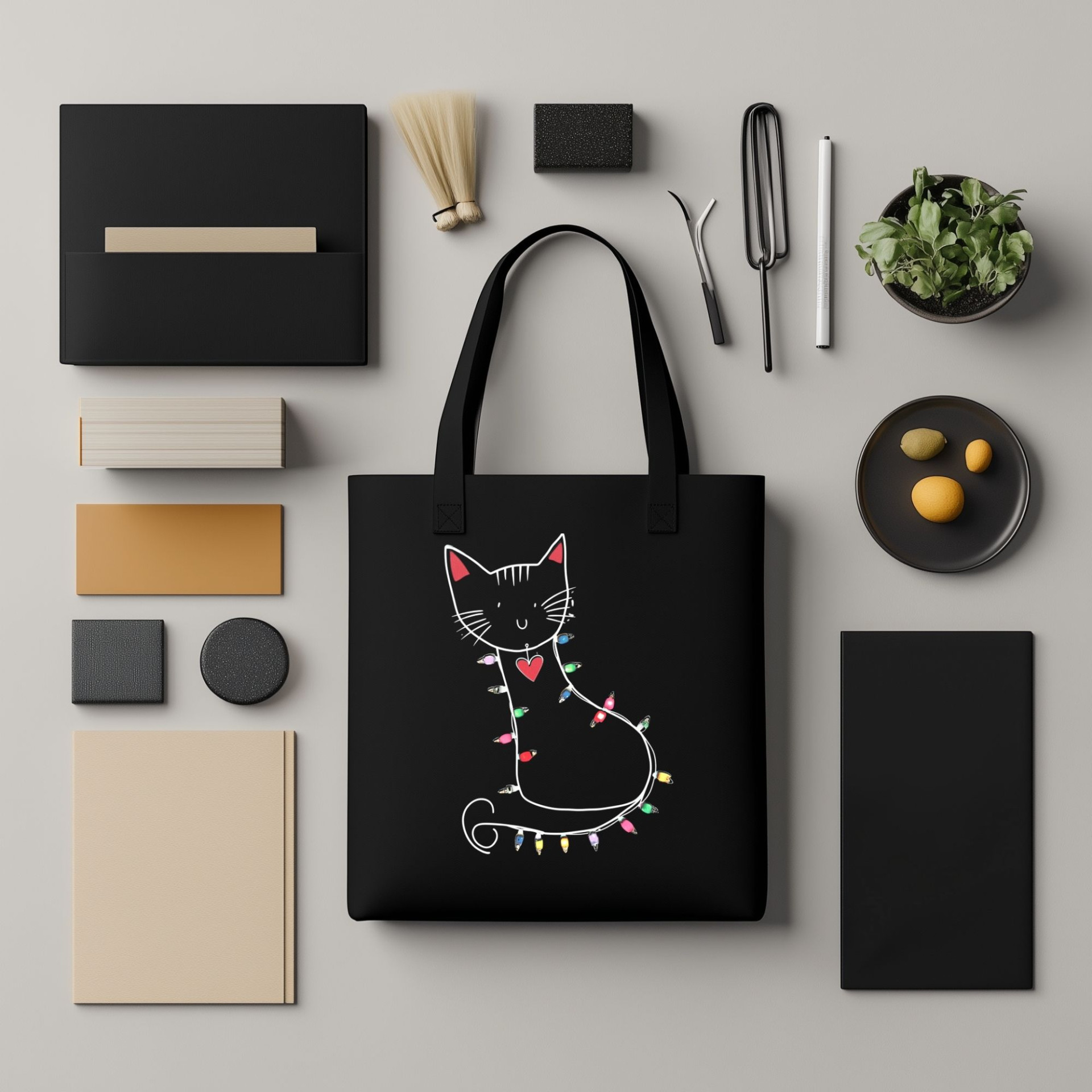 Festive Cat Black Tote Bag Cute Cat with Christmas Lights Reusable Cat Lover Gift Bag - Image 7