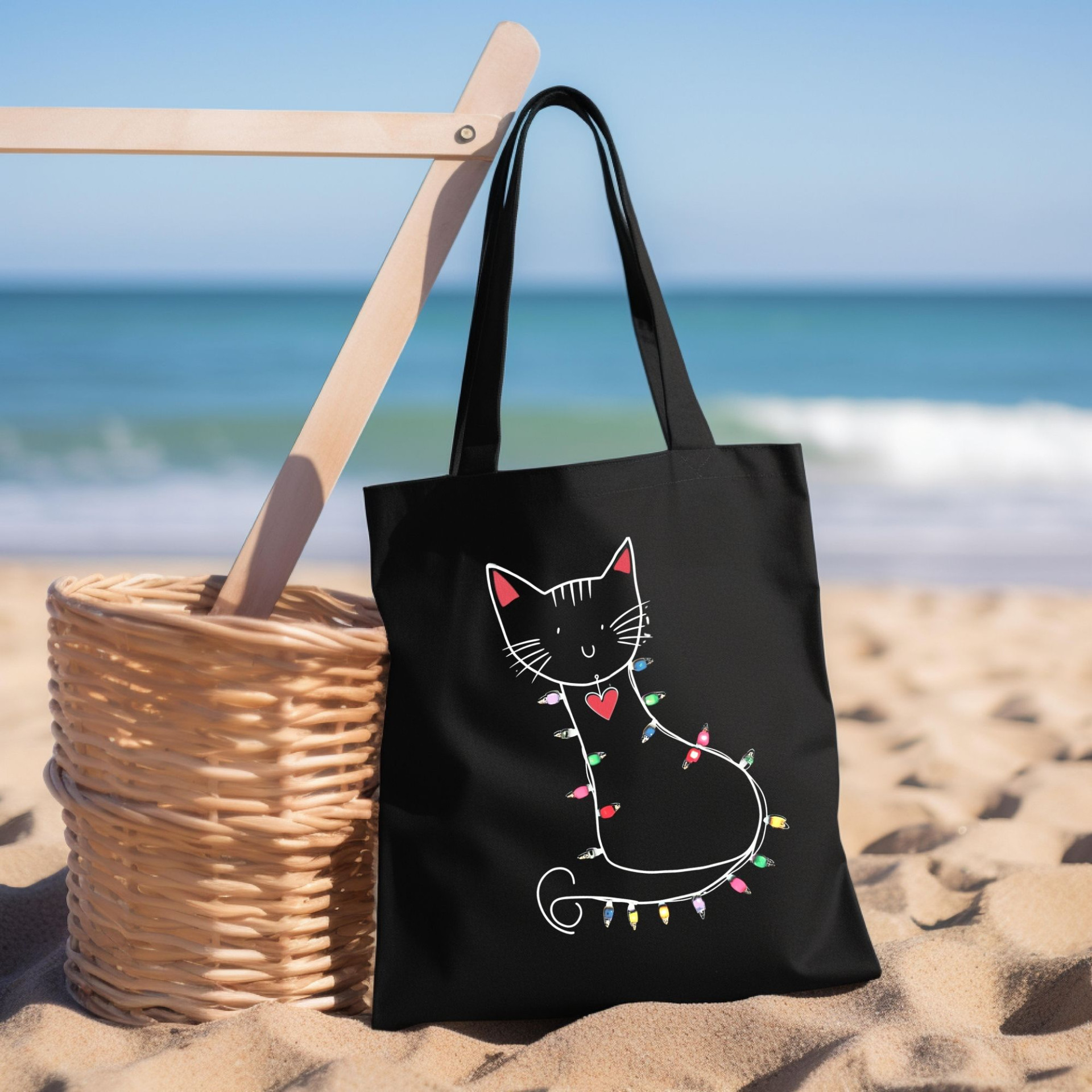 Festive Cat Black Tote Bag Cute Cat with Christmas Lights Reusable Cat Lover Gift Bag - Image 5