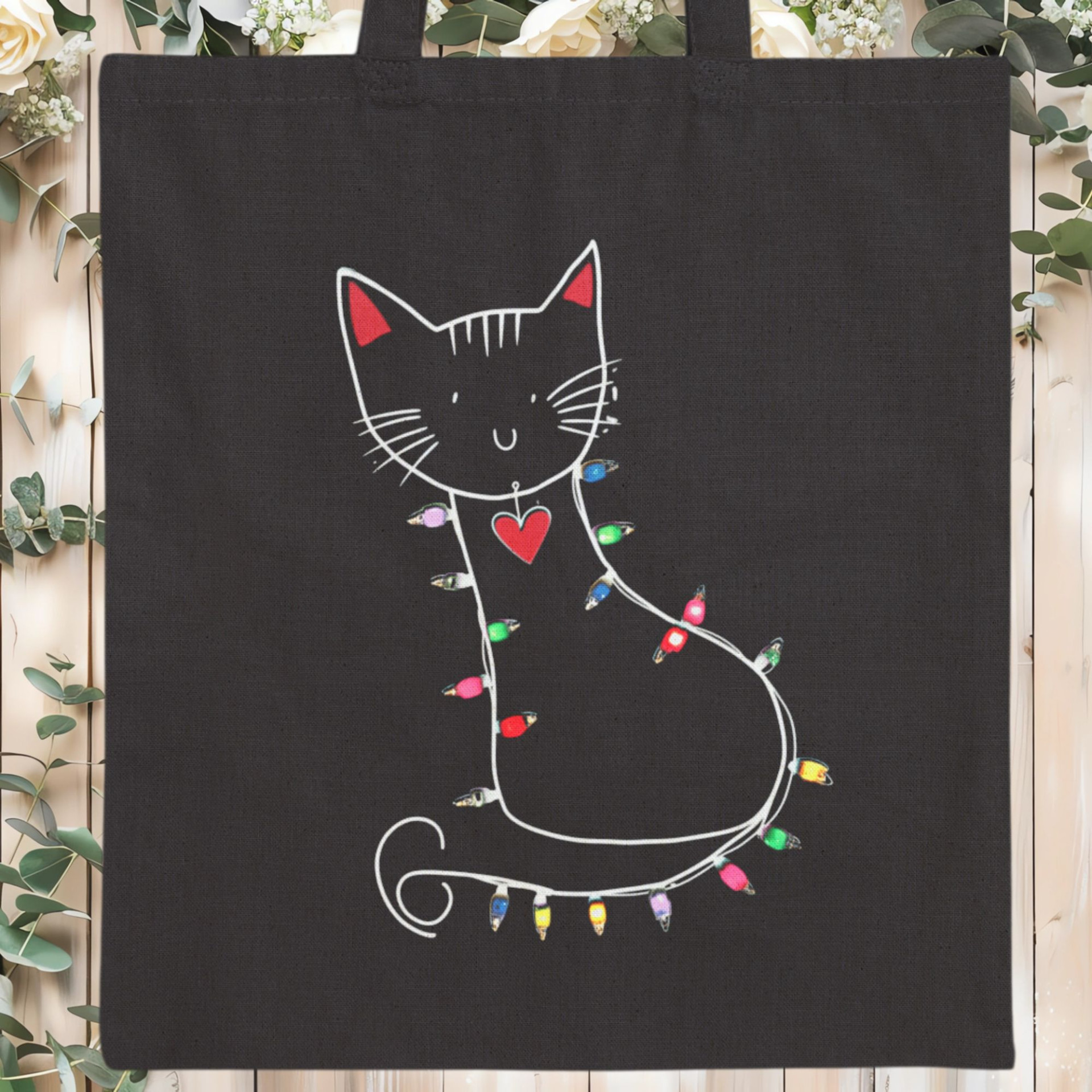 Festive Cat Black Tote Bag Cute Cat with Christmas Lights Reusable Cat Lover Gift Bag - Image 14