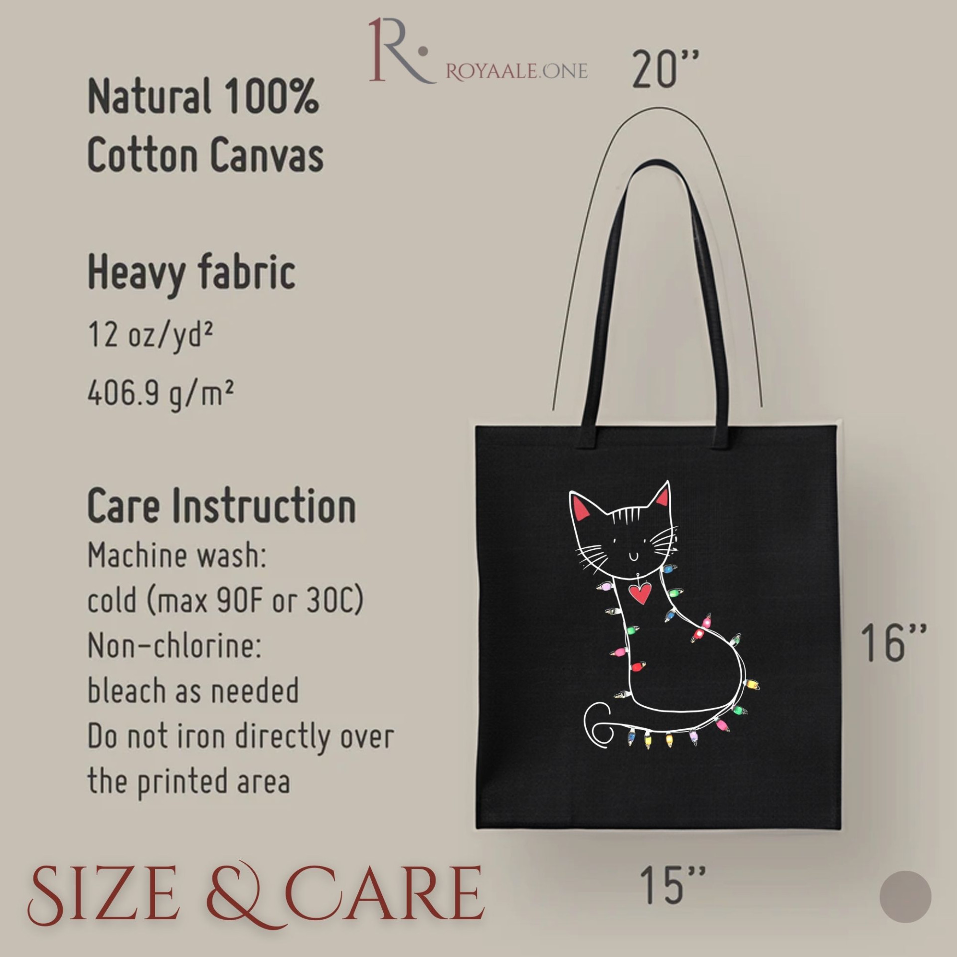 Festive Cat Black Tote Bag Cute Cat with Christmas Lights Reusable Cat Lover Gift Bag - Image 15
