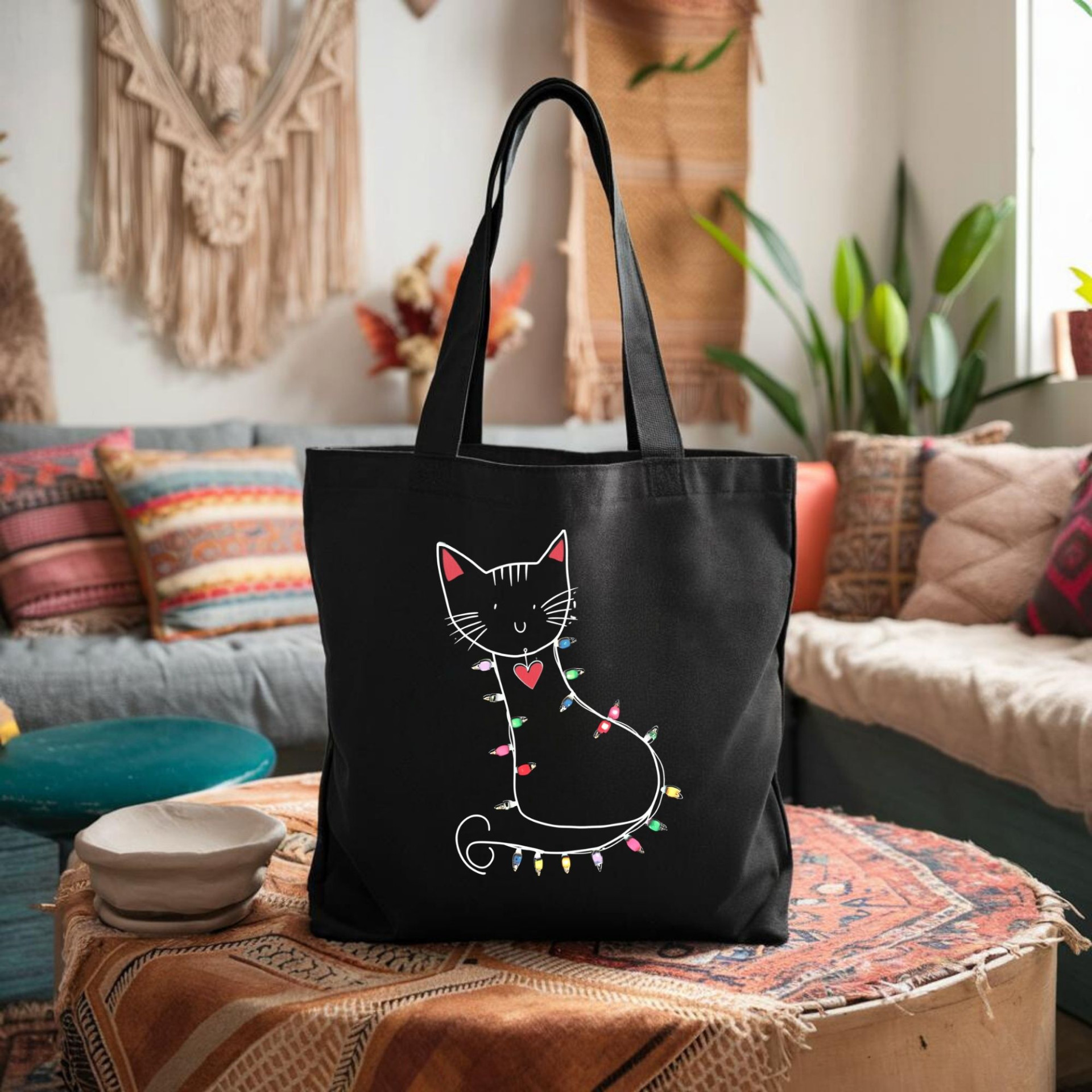 Festive Cat Black Tote Bag Cute Cat with Christmas Lights Reusable Cat Lover Gift Bag - Image 4