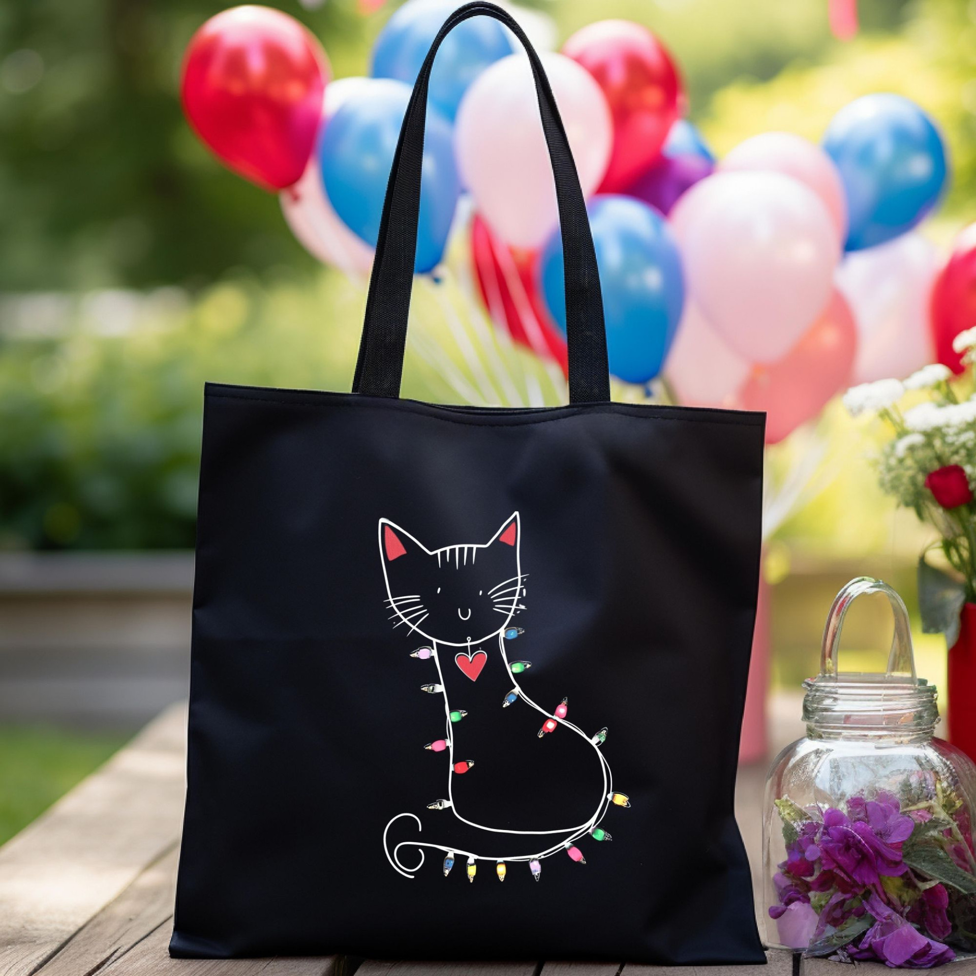 Festive Cat Black Tote Bag Cute Cat with Christmas Lights Reusable Cat Lover Gift Bag - Image 3