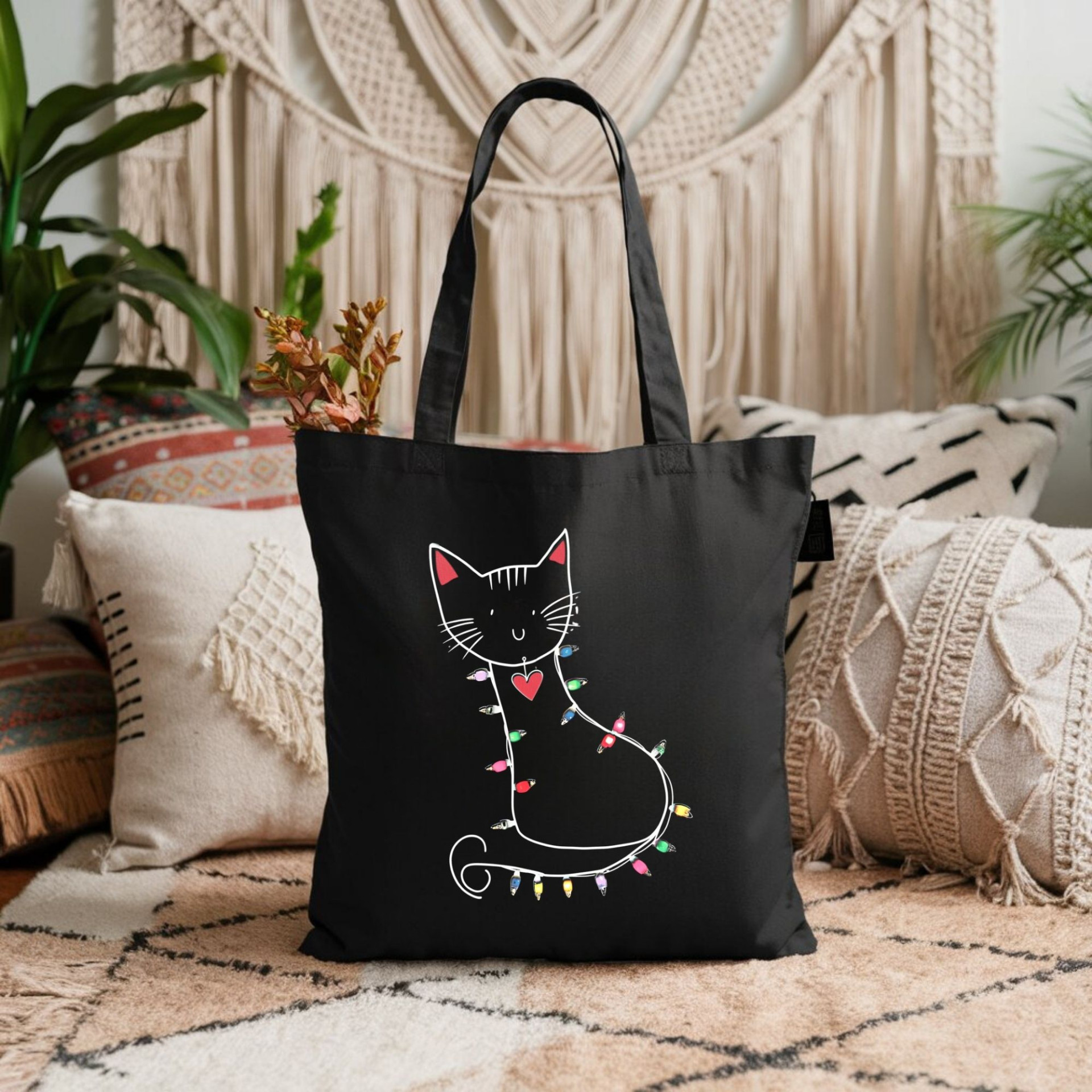 Festive Cat Black Tote Bag Cute Cat with Christmas Lights Reusable Cat Lover Gift Bag - Image 2